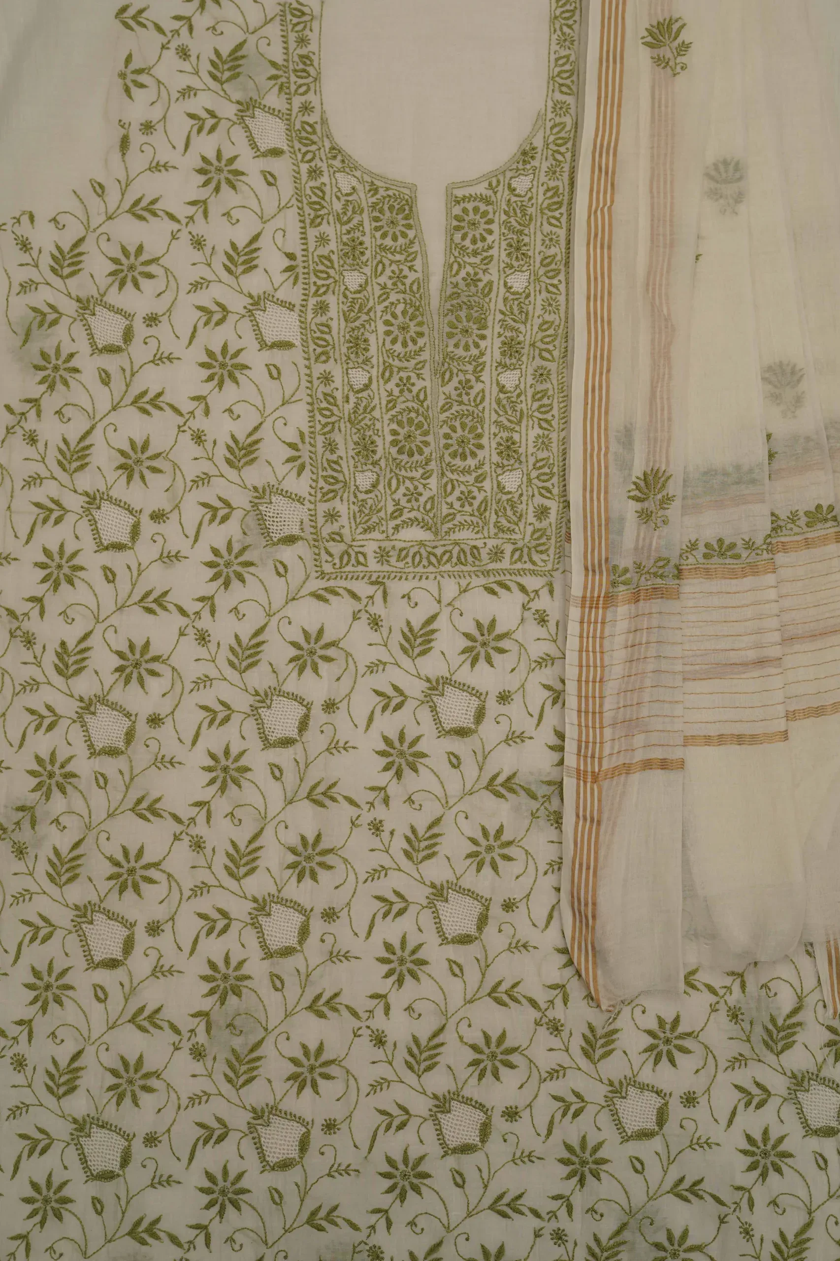 Srajann Hand Embroided white Mul Chanderi Lucknowi Chikankari Unstitched Kurta Dupatta Set