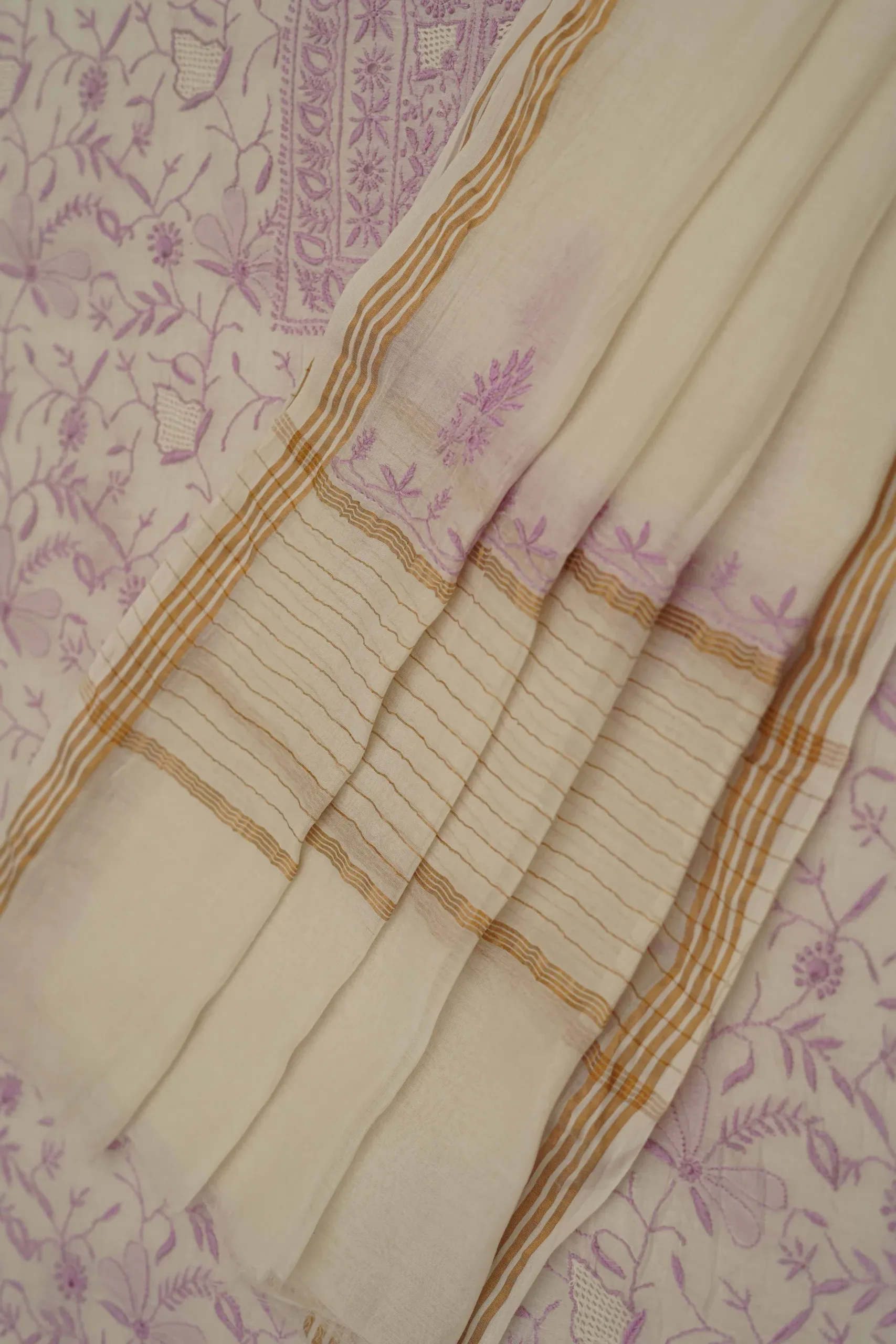 Srajann Hand Embroided white Mul Chanderi Lucknowi Chikankari Unstitched Kurta Dupatta Set