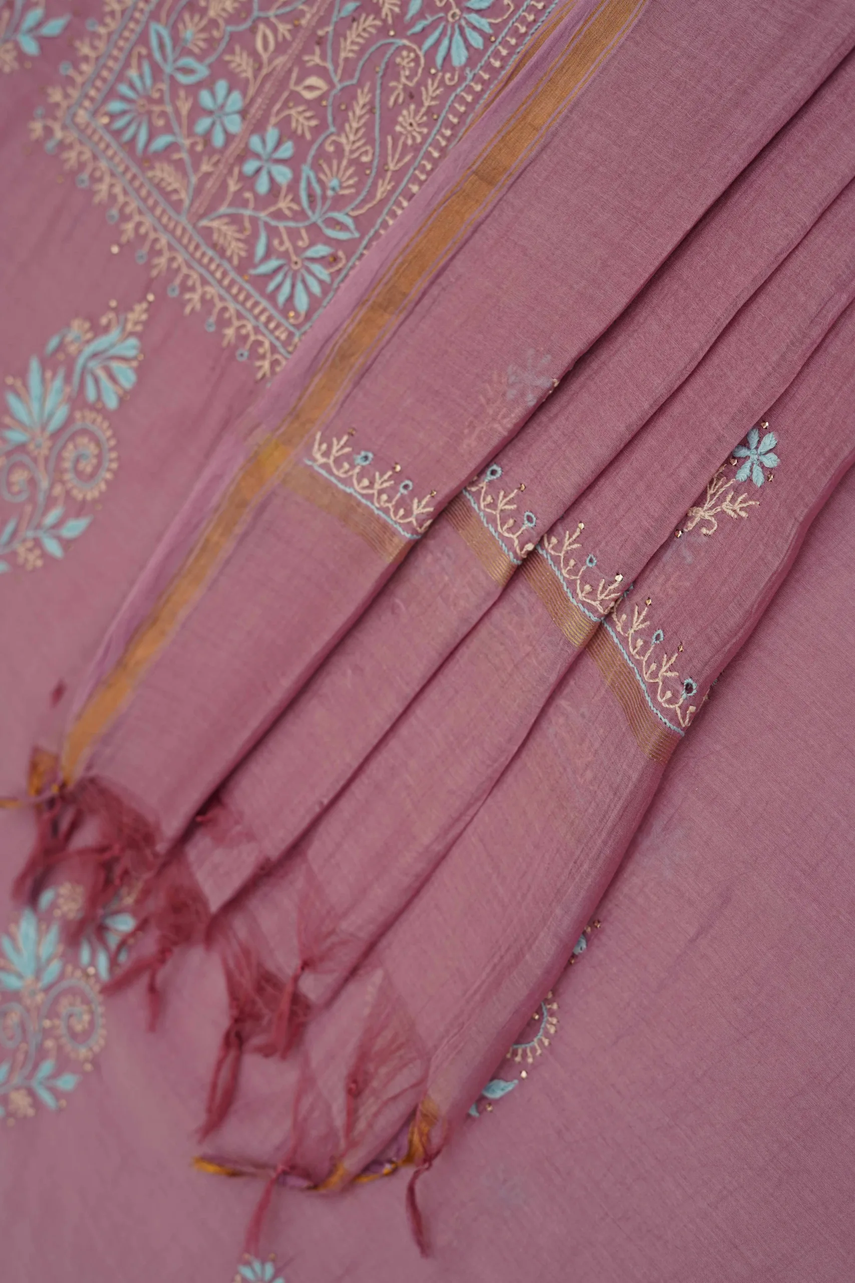 Srajann Hand Embroided Purple Mul Chanderi Lucknowi Chikankari Unstitched Kurta Dupatta Set