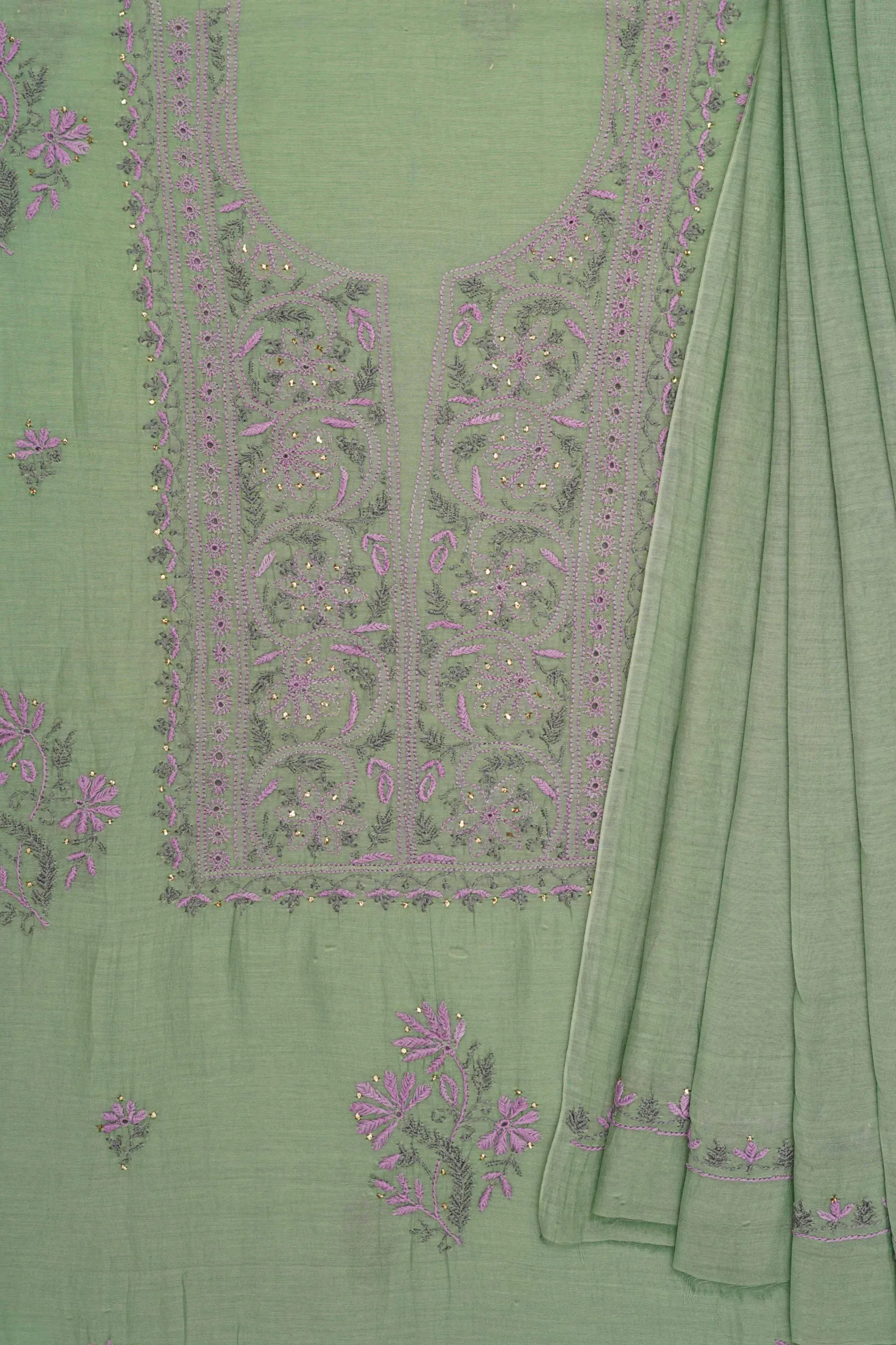 Exquisite Hand-Embroidered Green Mul Chanderi Lucknowi Chikankari Unstitched Kurta Dupatta Set