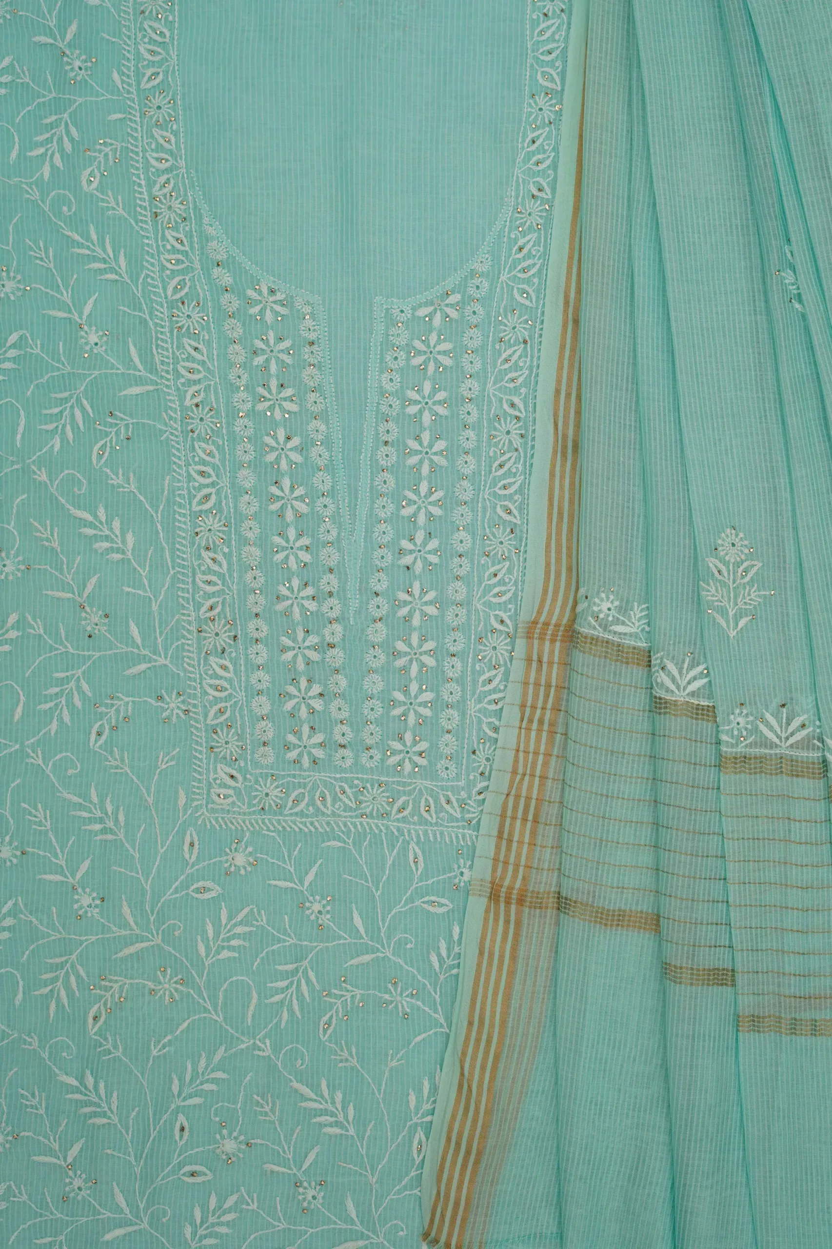 Srajann Hand Embroided Sea Green Mul Chanderi Lucknowi Chikankari Unstitched Kurta Dupatta Set: Coastal Chic