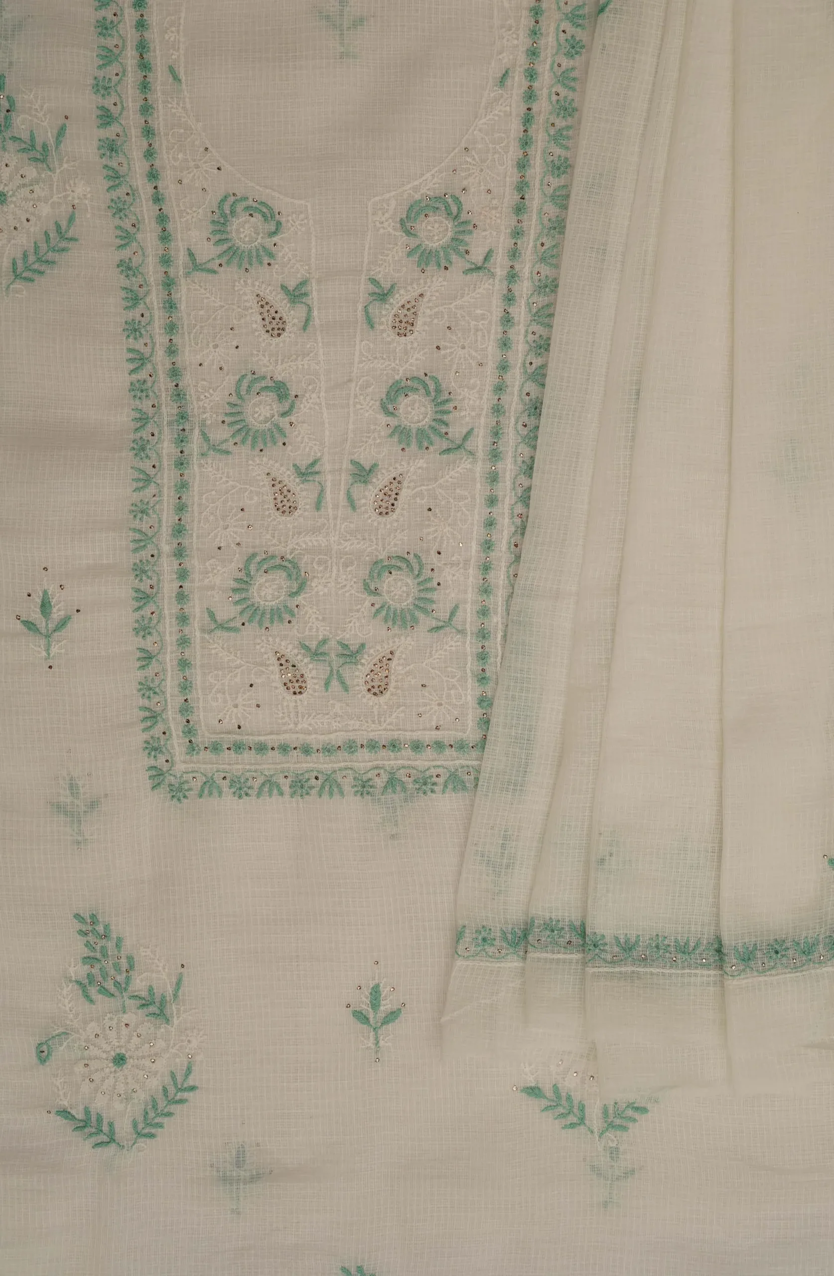 Srajann Hand Embroidered White Kota Lucknowi Chikankari Unstitched Kurta Dupatta Set: Timeless Elegance