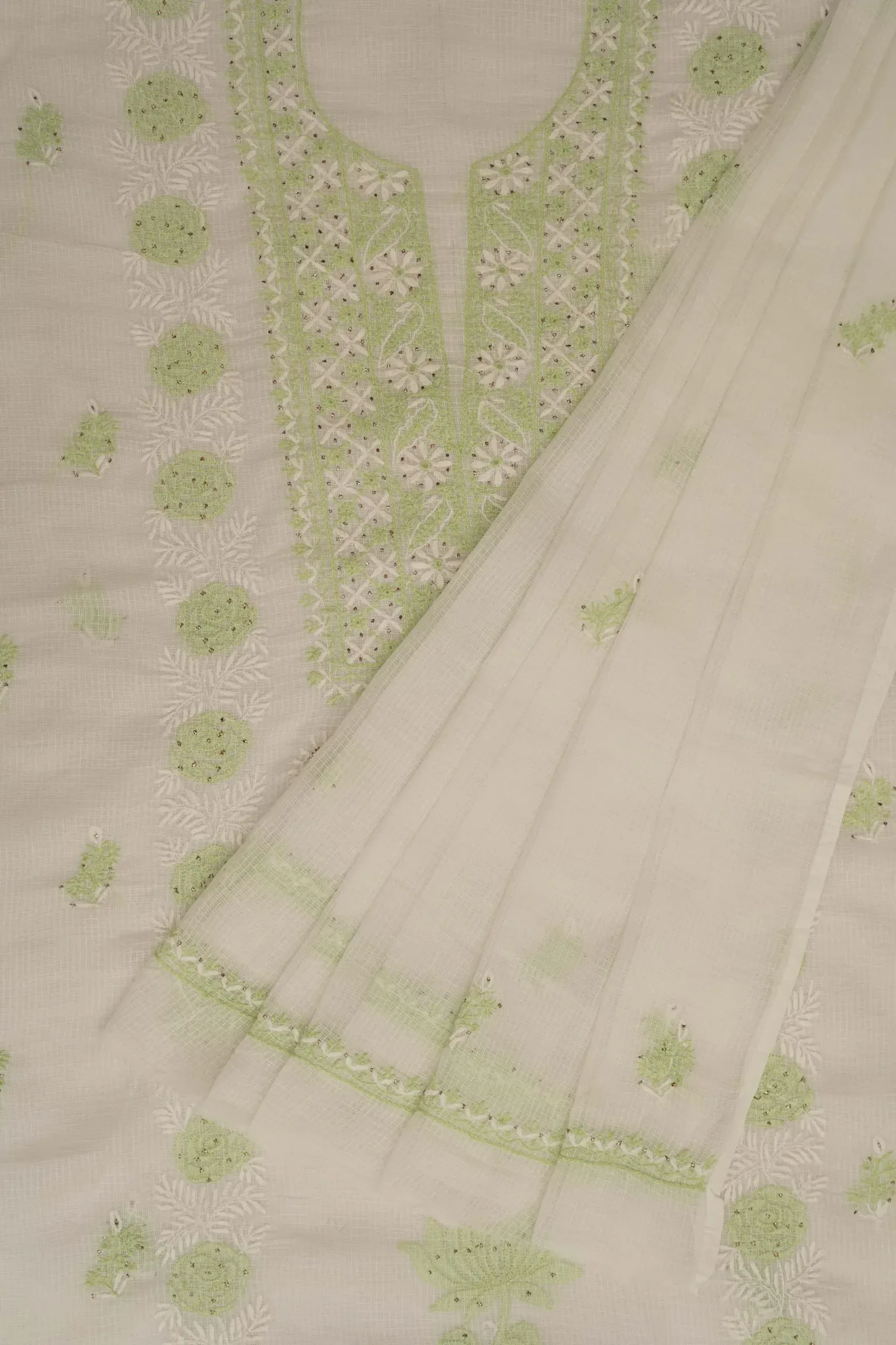 Srajann Hand Embroidered White Kota Lucknowi Chikankari Unstitched Kurta Dupatta Set