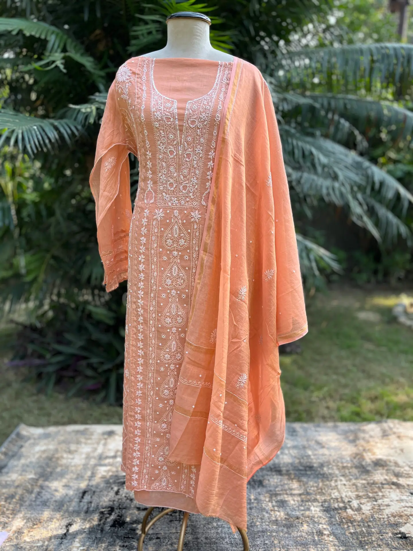 Srajann Hand Embroided Fawn Tissue Lucknowi Chikankari Unstitched Kurta Dupatta Set - Image 1