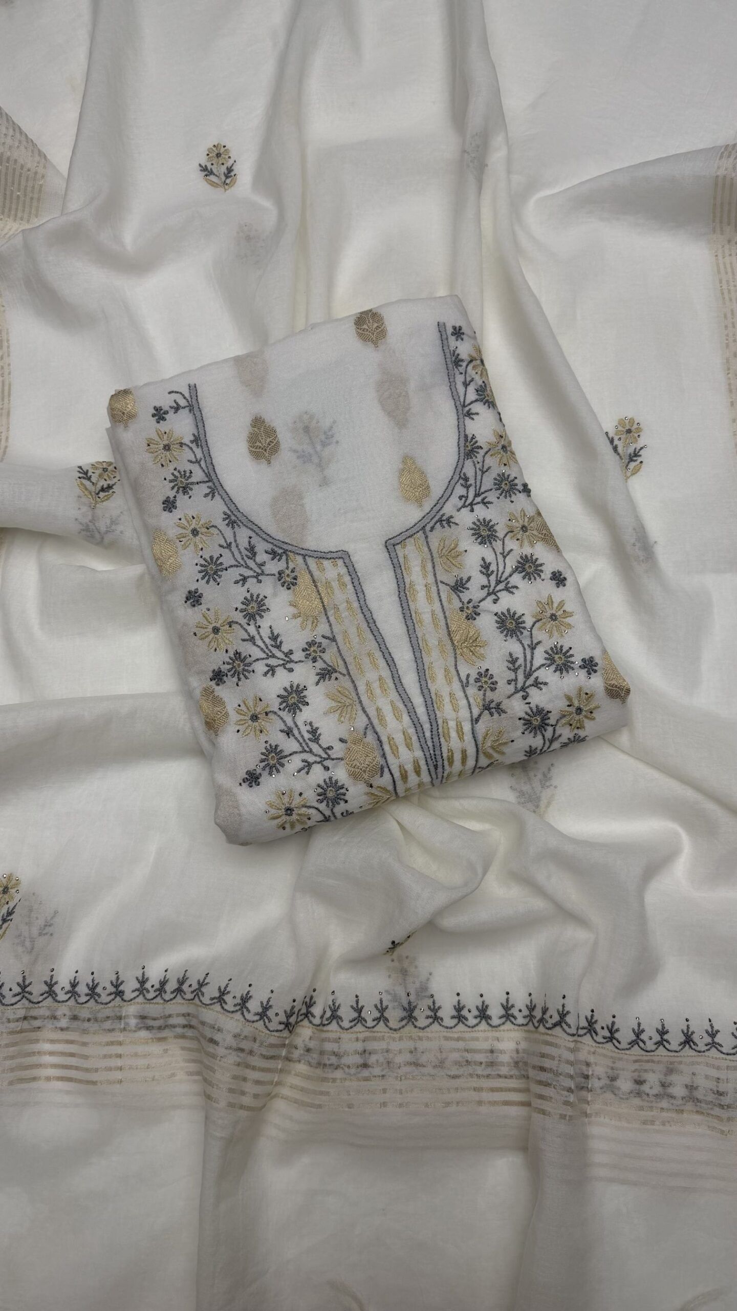 16 DYEABLE CHANDERI SILK CHIKANKARI & MUKAISH KURTA & DUPATTA SET - Image 1