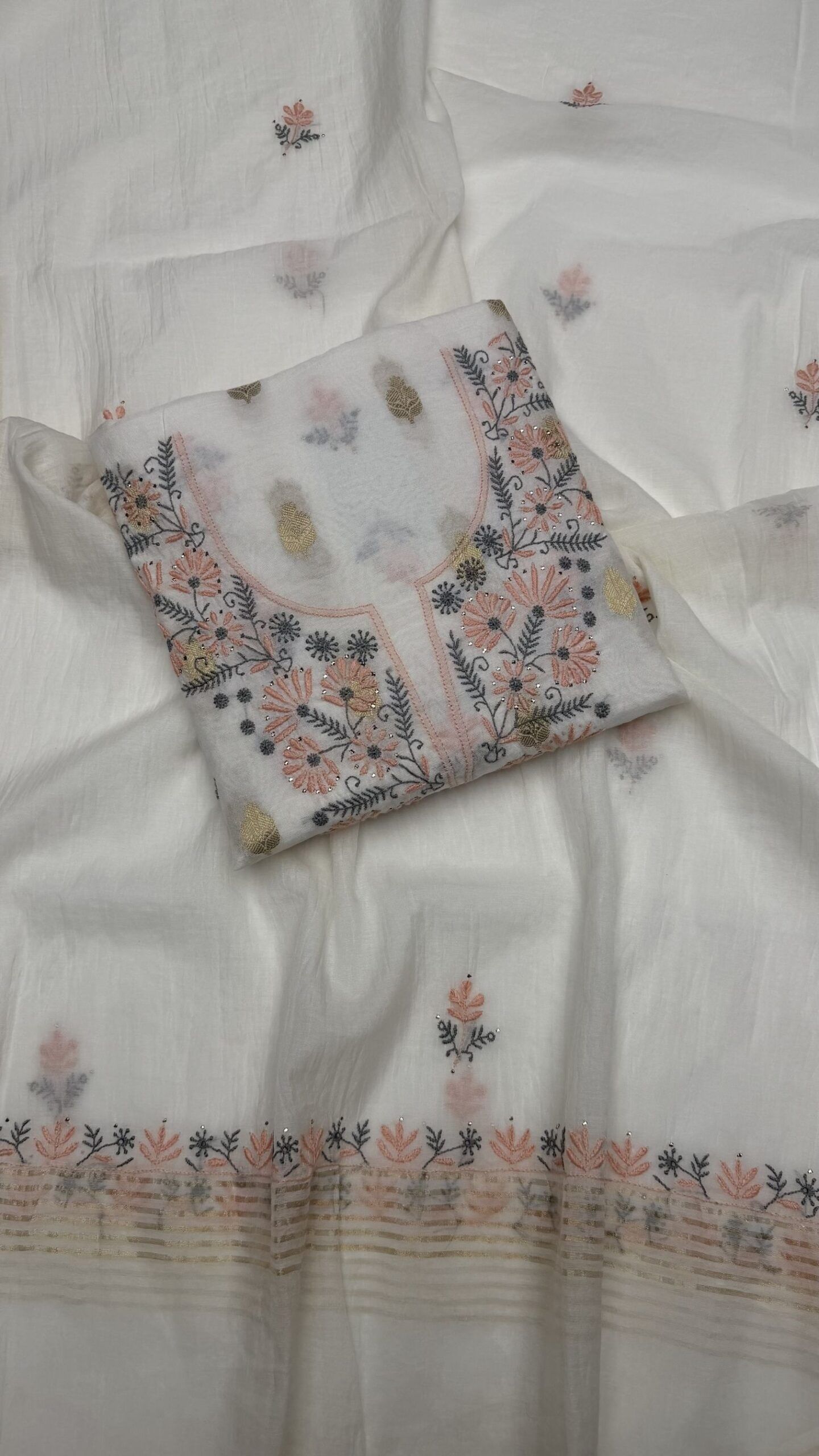 DYEABLE CHANDERI SILK CHIKANKARI & MUKAISH KURTA & DUPATTA SET - Image 1