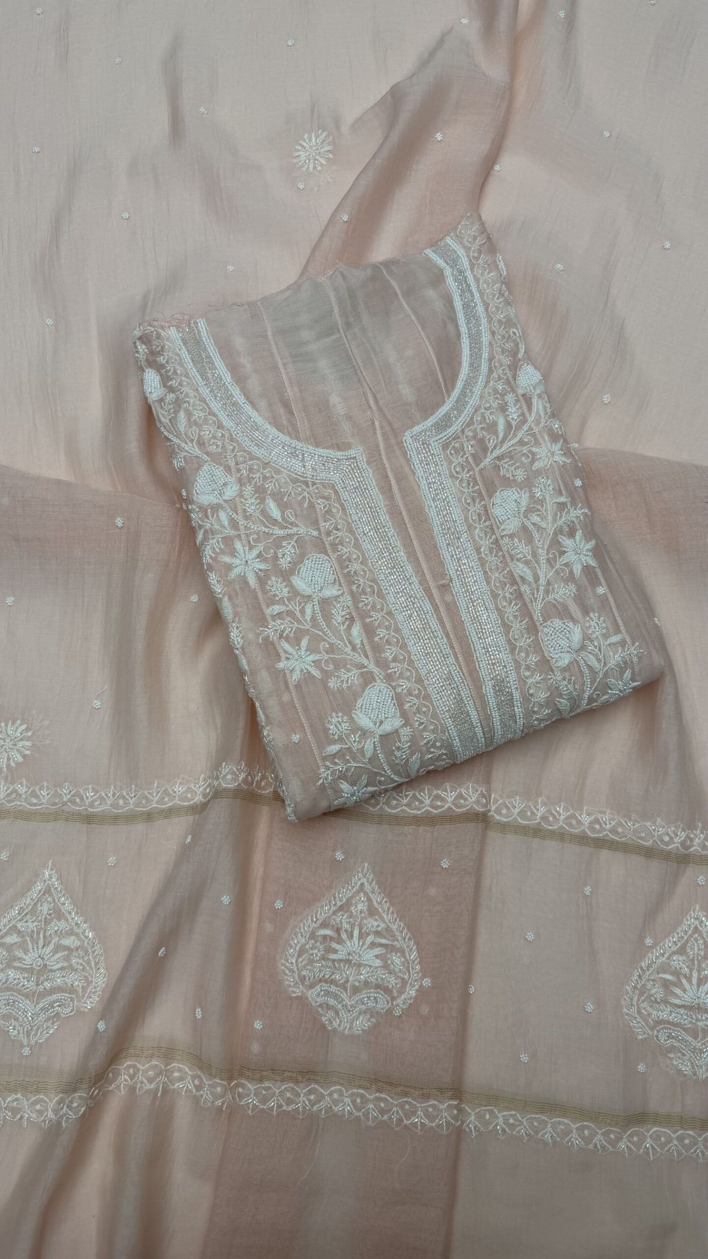 BLUSH PINK CHANDERI MUL CHIKANKARI ANARKALI & DUPATTA SET - Image 1