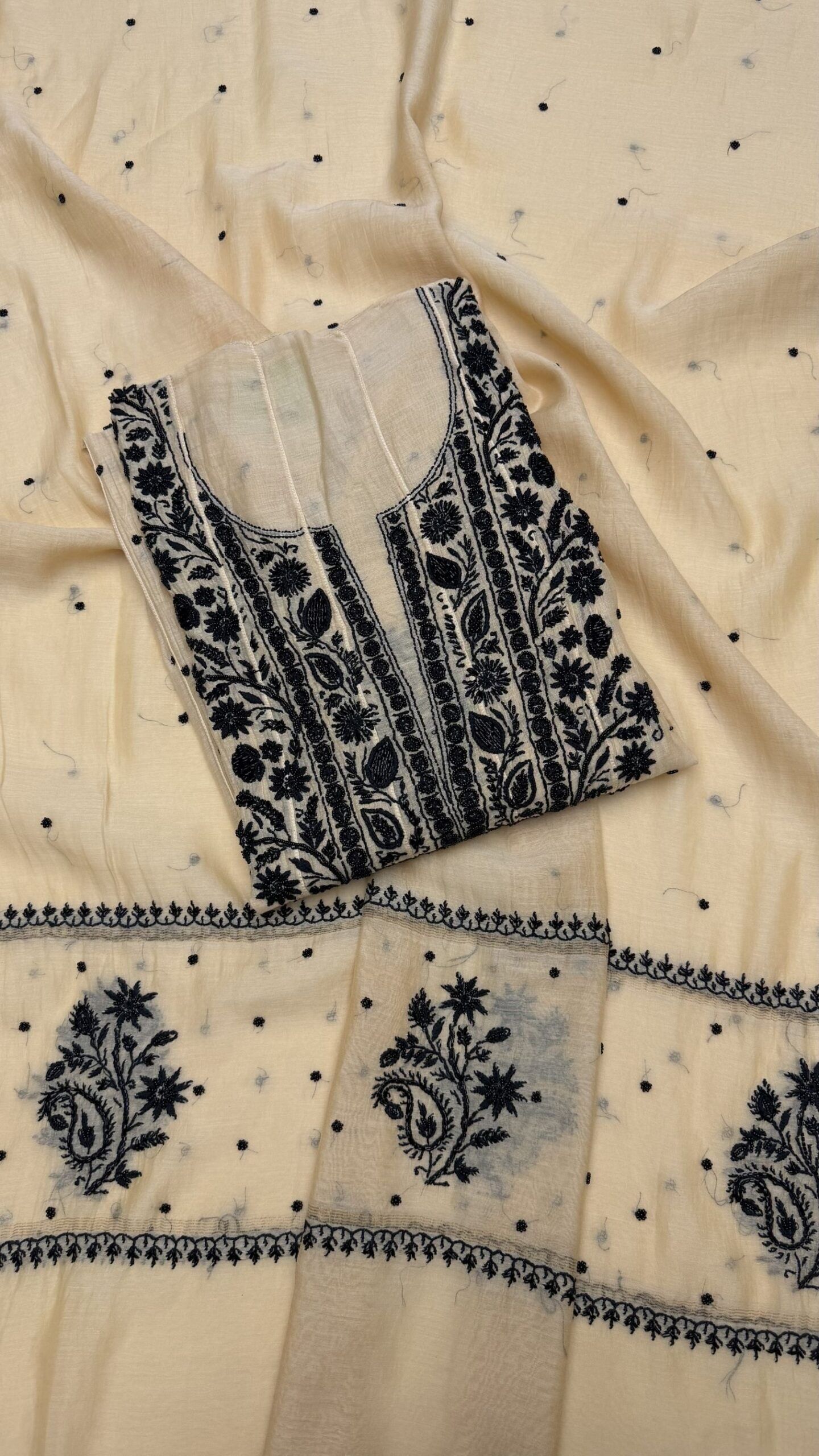 BEIGE & BLACK CHANDERI MUL CHIKANKARI ANARKALI & DUPATTA SET - Image 1