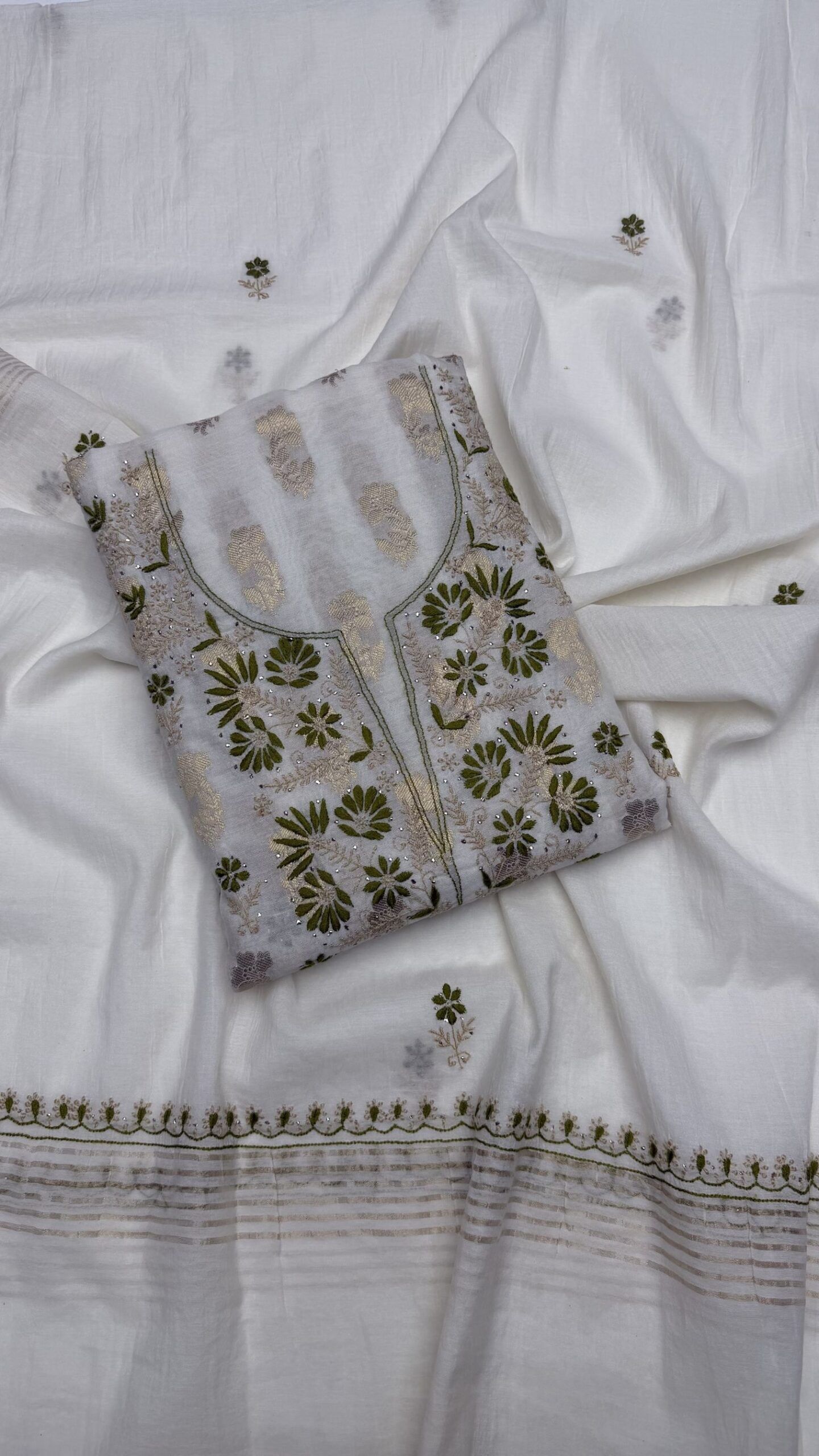 DYEABLE CHANDERI SILK CHIKANKARI & MUKAISH KURTA & DUPATTA SET - Image 1