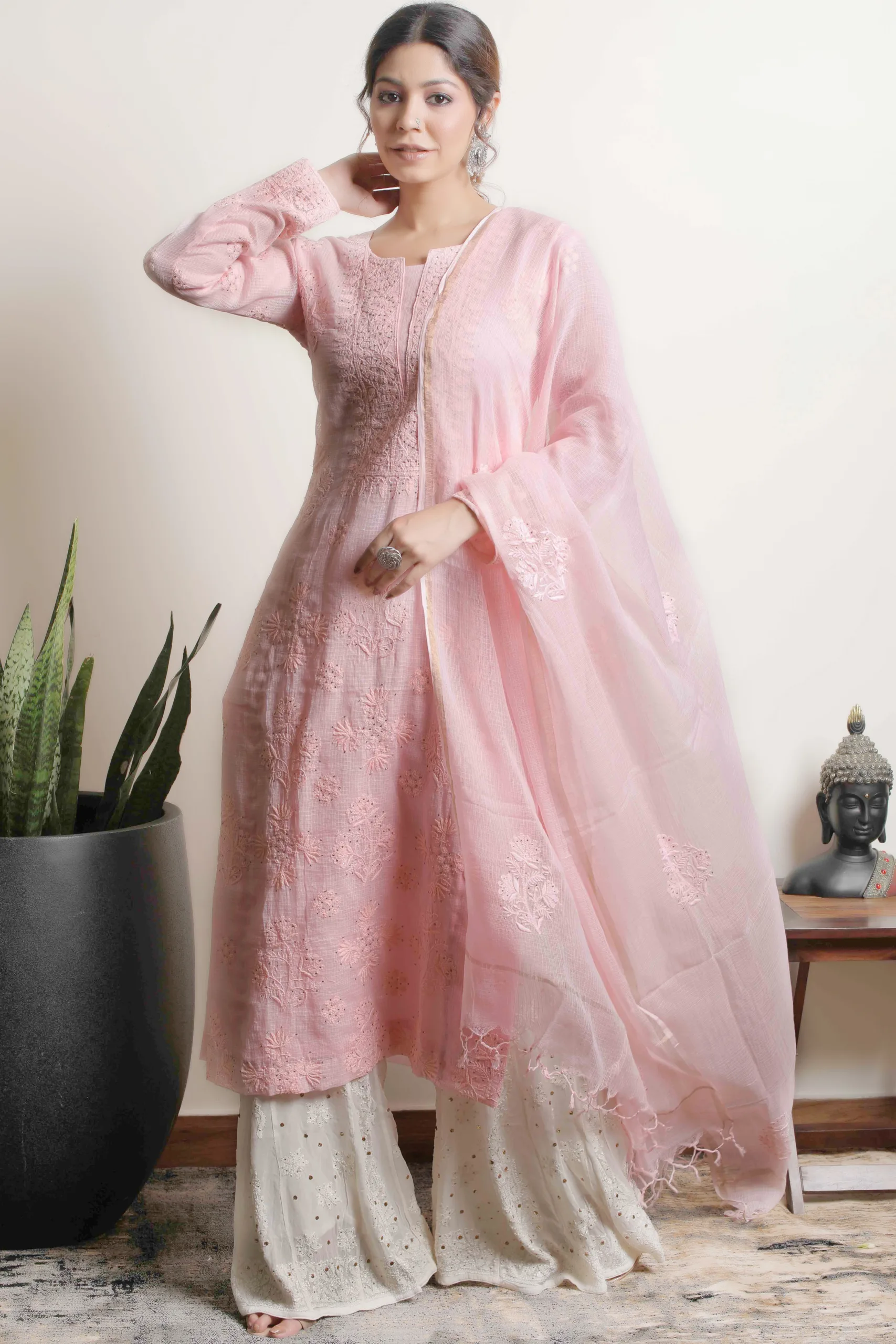 Srajann Hand Embroided Pink Kota Lucknowi Chikankari Unstitched Kurta Dupatta Set