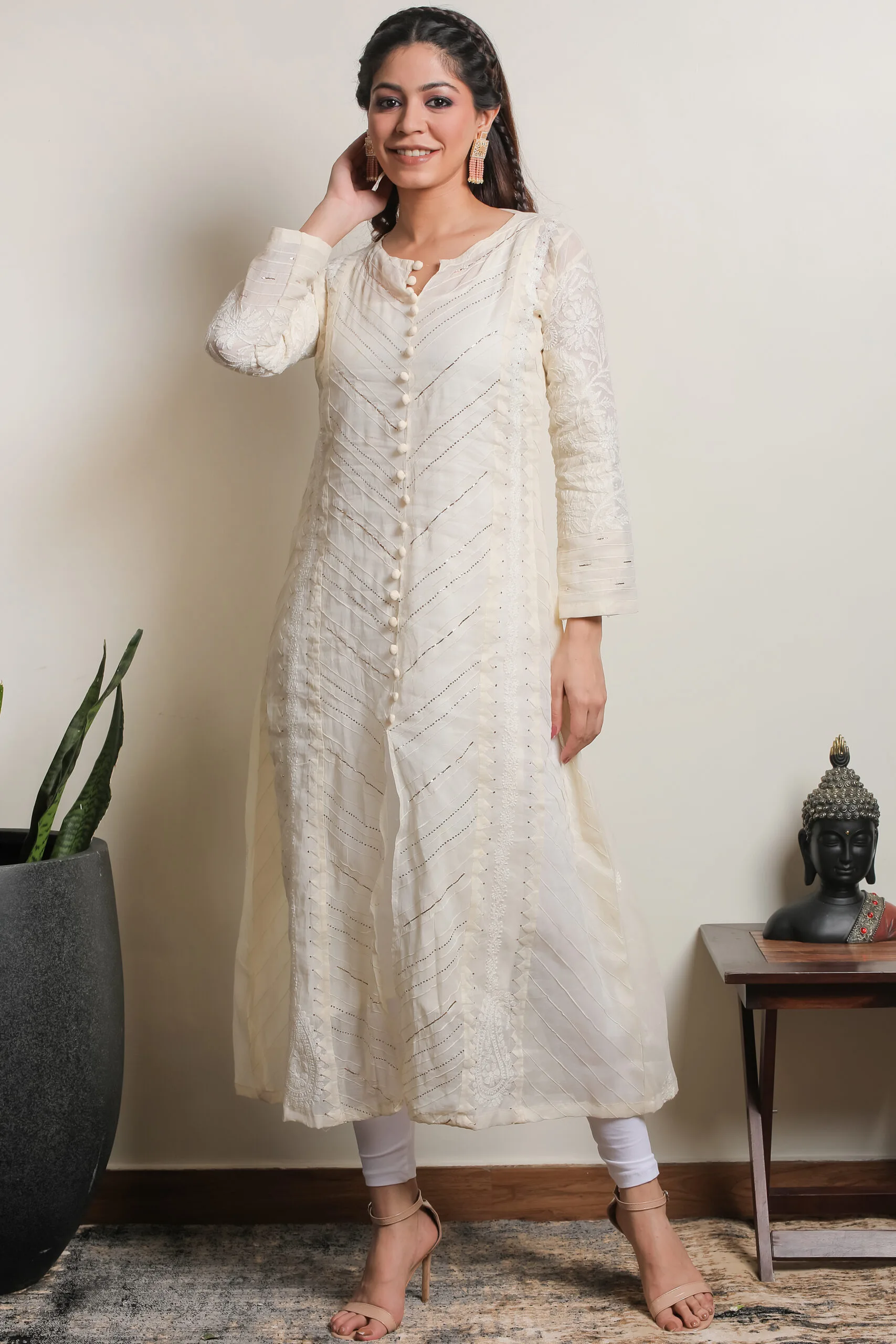 Elegant Hand Embroidered Cream Mul Chanderi Lucknowi Chikankari Front Open Long Kurta by Srajann.
