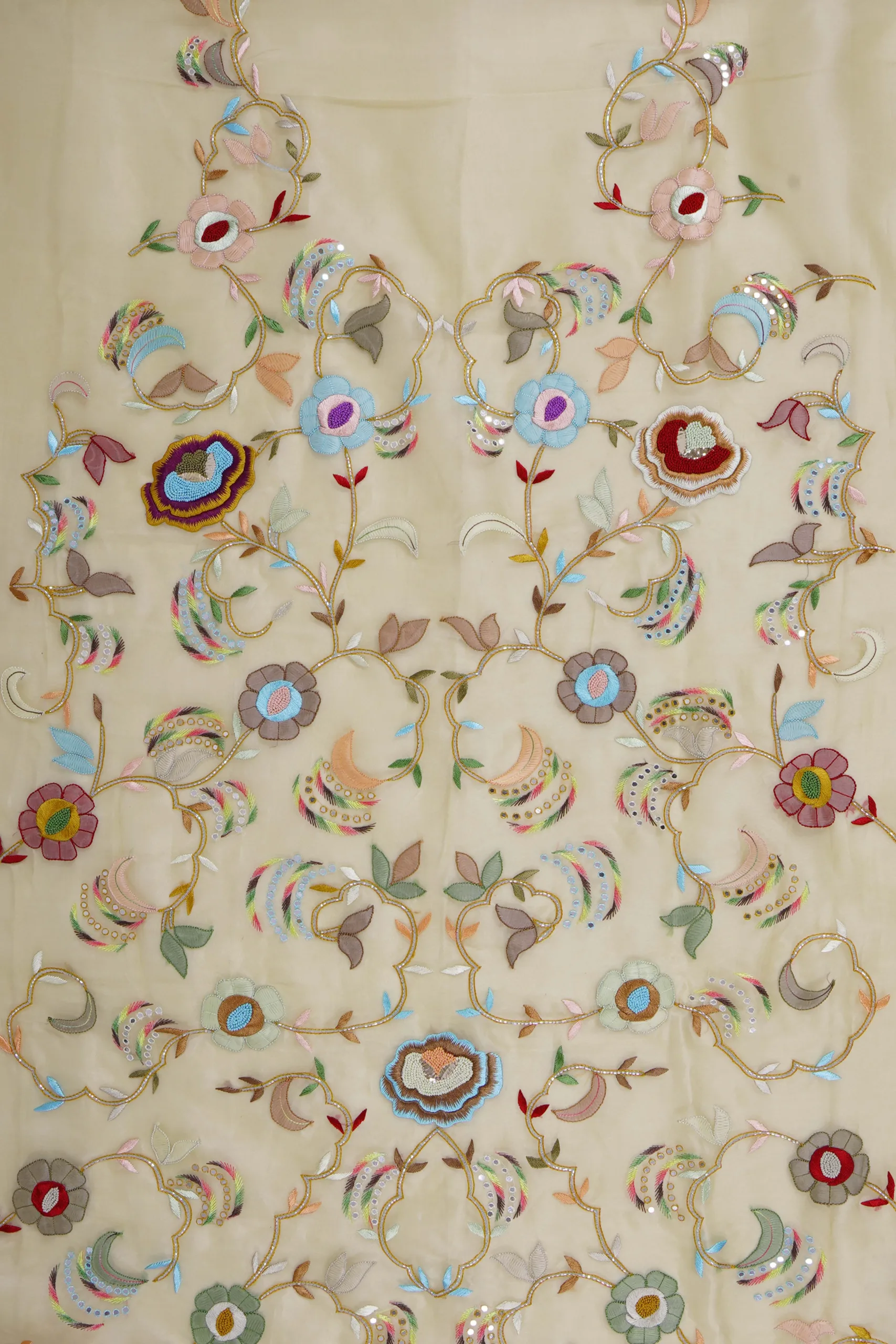 Srajann Hand Embroided Beige Organza Lucknowi Chikankari Unstitched Kurta Dupatta Set