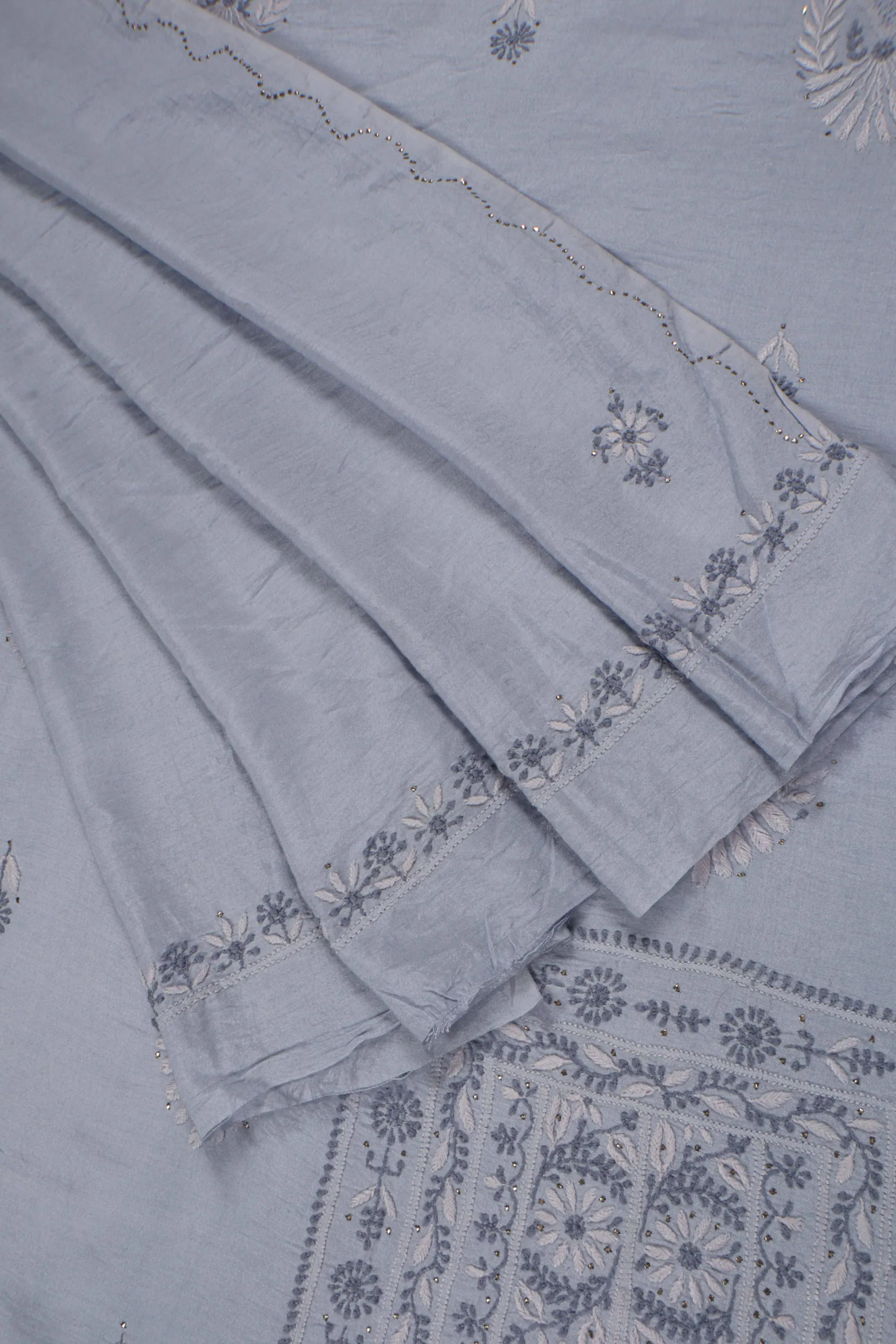 Srajann Hand Embroidered Cloudy Grey Chanderi Lucknow Chikankari Unstitched Kurta With Dupatta