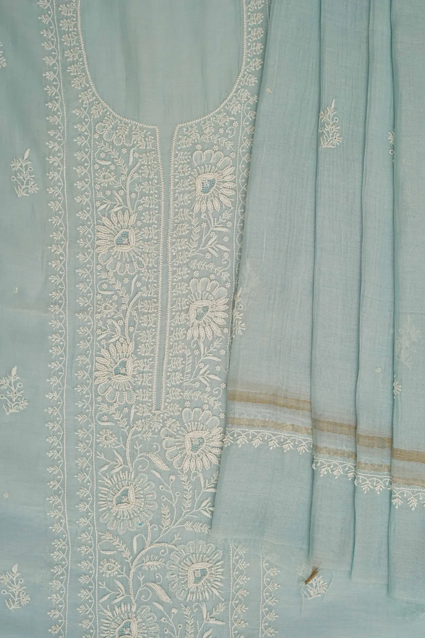 Srajann Hand Embroided Blue Mul Chanderi Lucknowi Chikankari Unstitched Kurta Dupatta Set