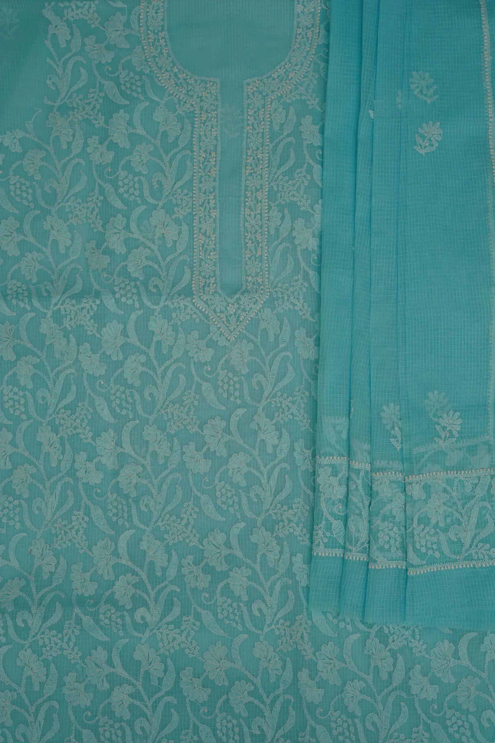 Srajann Hand Embroided Blue Kota Lucknowi Chikankari Unstitched Kurta Dupatta Set