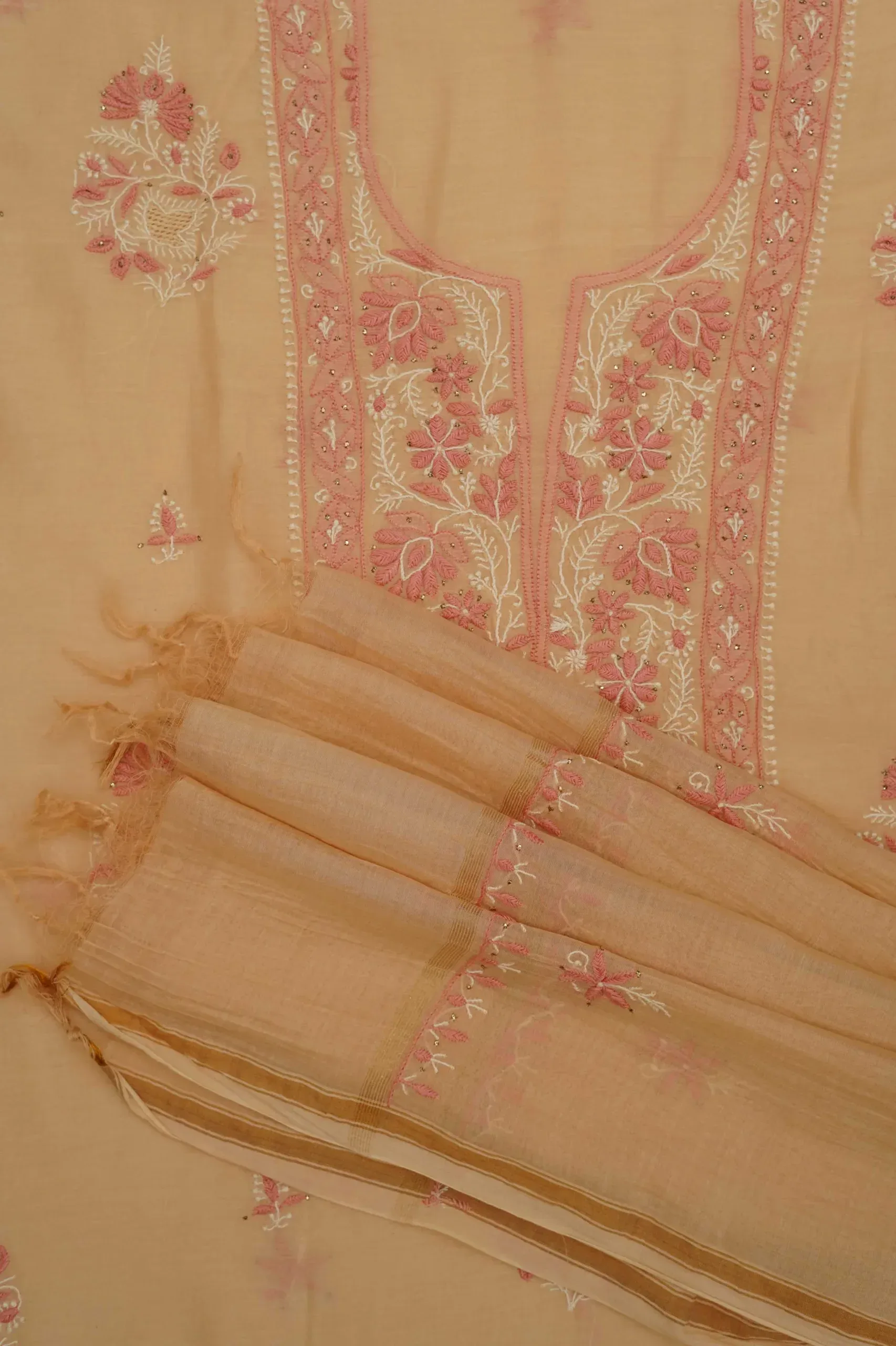Srajann Hand Embroidered Mal Chanderi Lucknowi Chikankari Unstitched Kurta With Dupatta