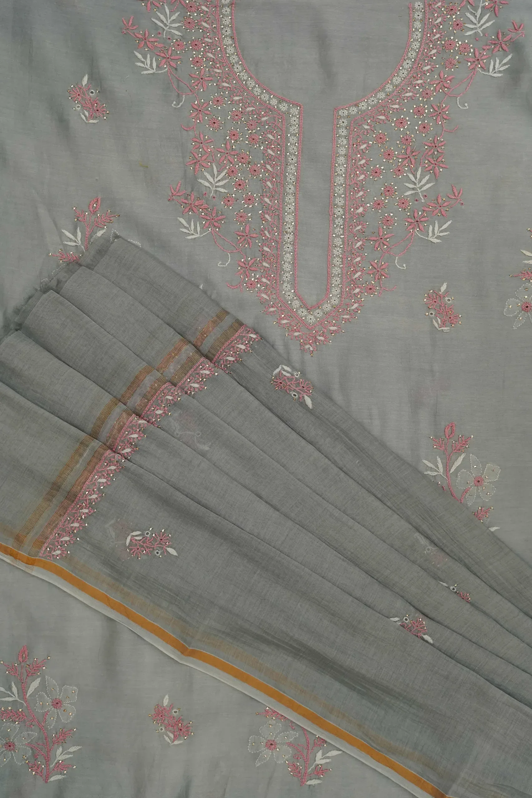 Srajann Hand Embroidered Mal Chanderi Lucknowi Chikankari Unstitched Kurta With Dupatta