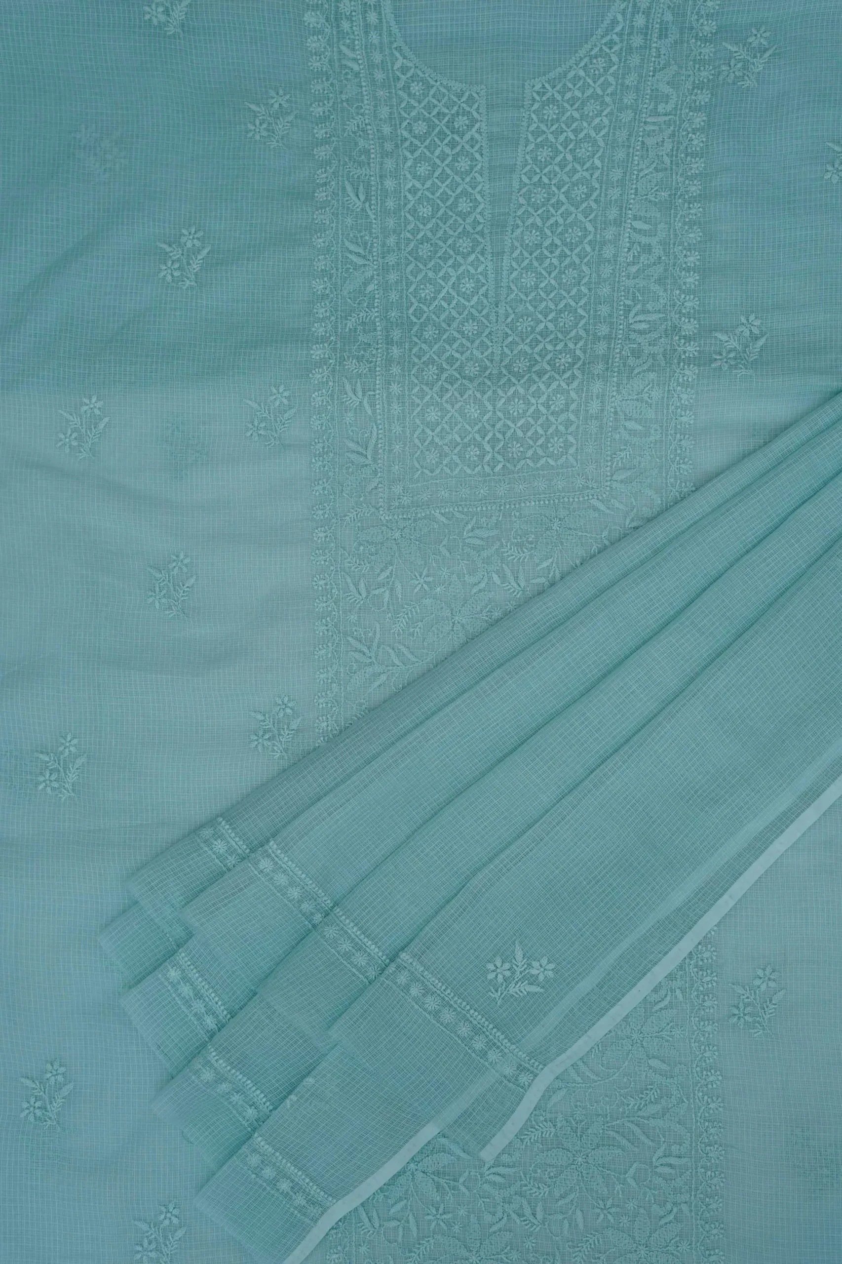 Srajann Hand Embroided Blue Kota Lucknowi Chikankari Unstitched Kurta Dupatta Set