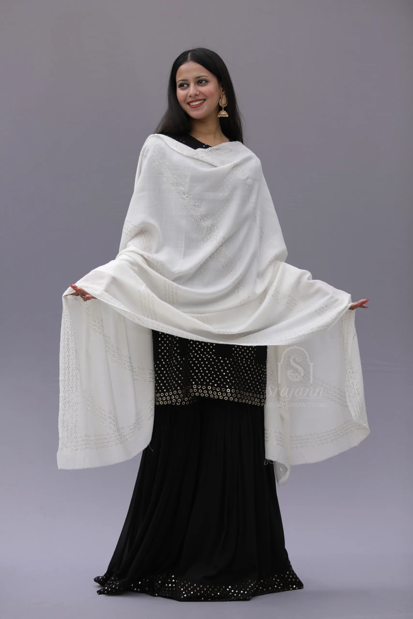 Warm Off White Lucknowi Chikankari Unisex Pashmina Shawl