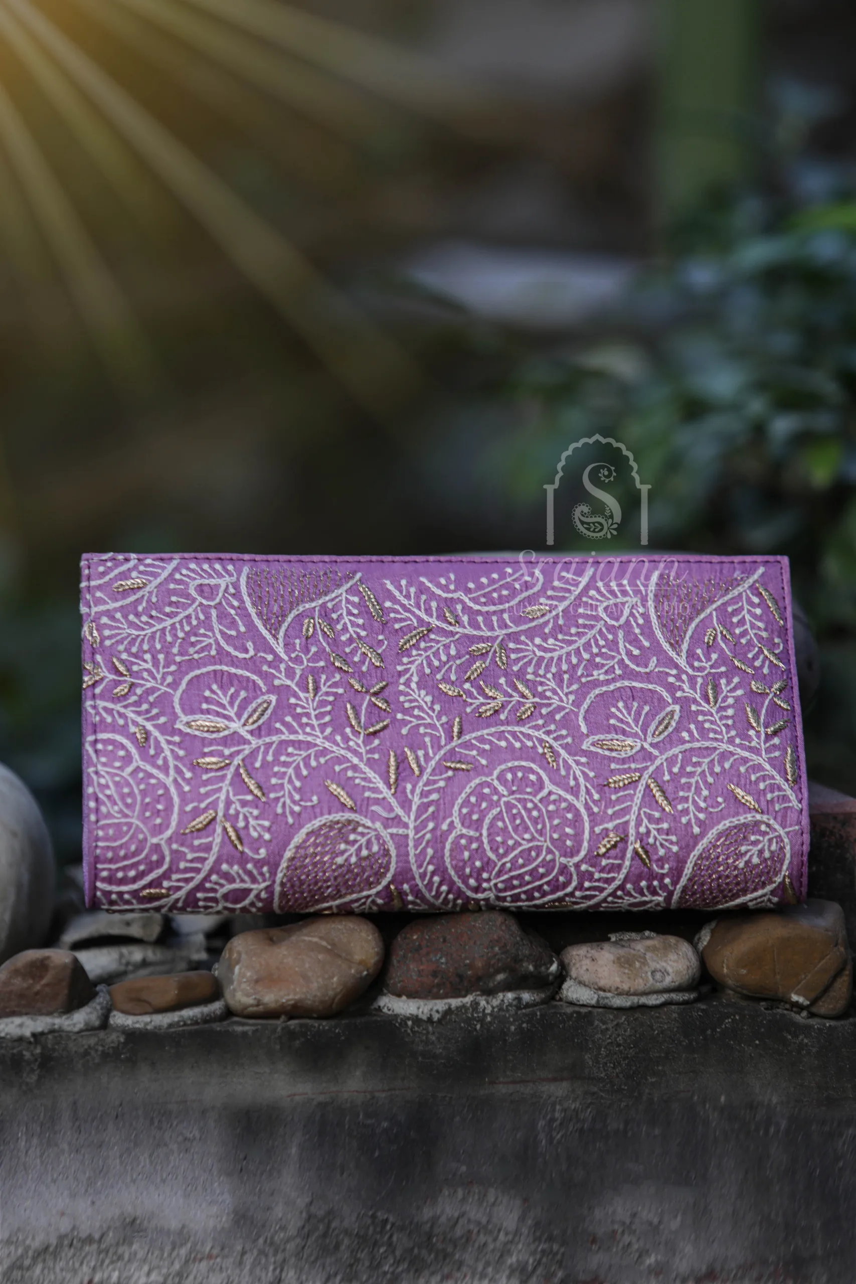 "Mauve Silk Lucknowi Chikankari Clutch with Zari Work"