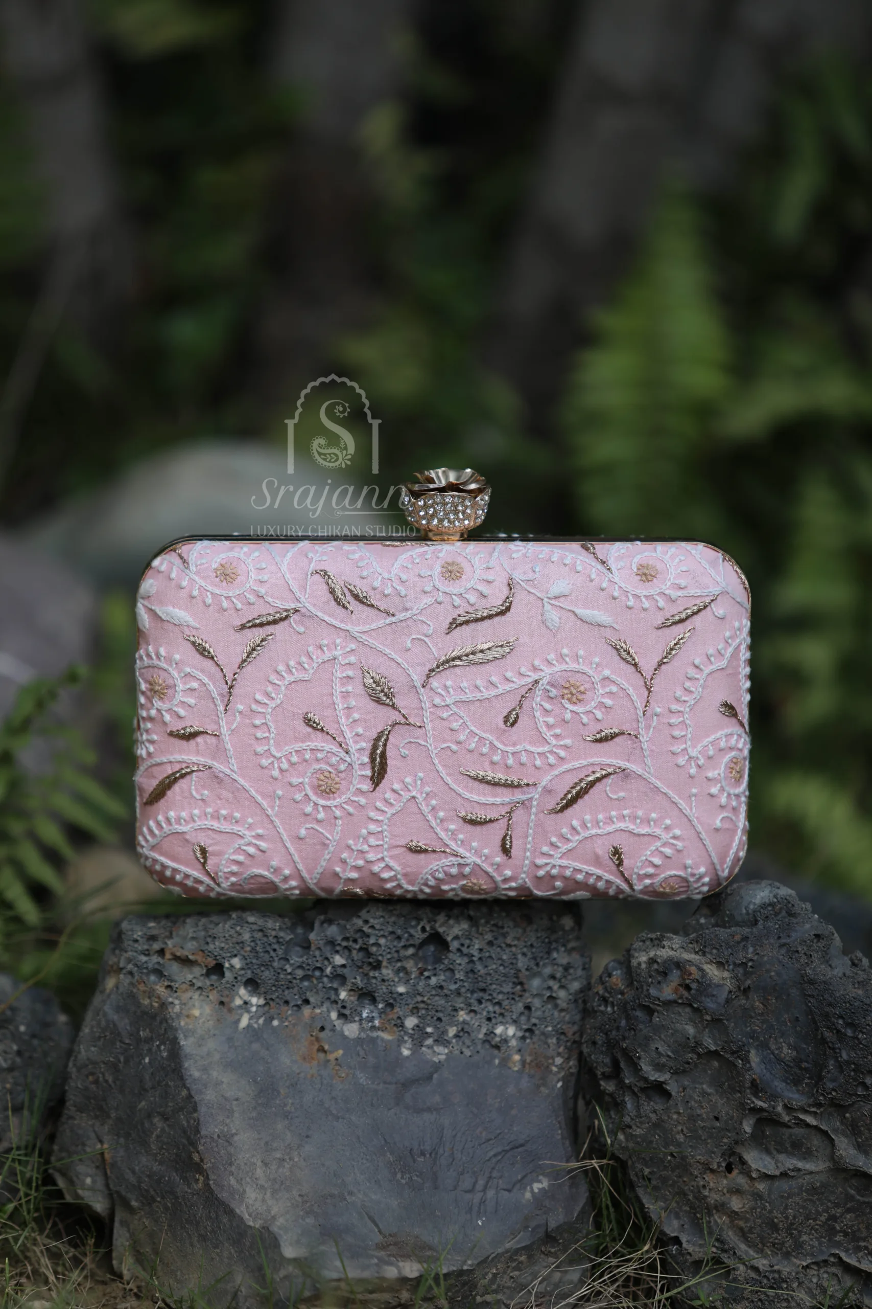 "Embroidered Pink Silk Lucknowi Chikankari Clutch with Zari Work"