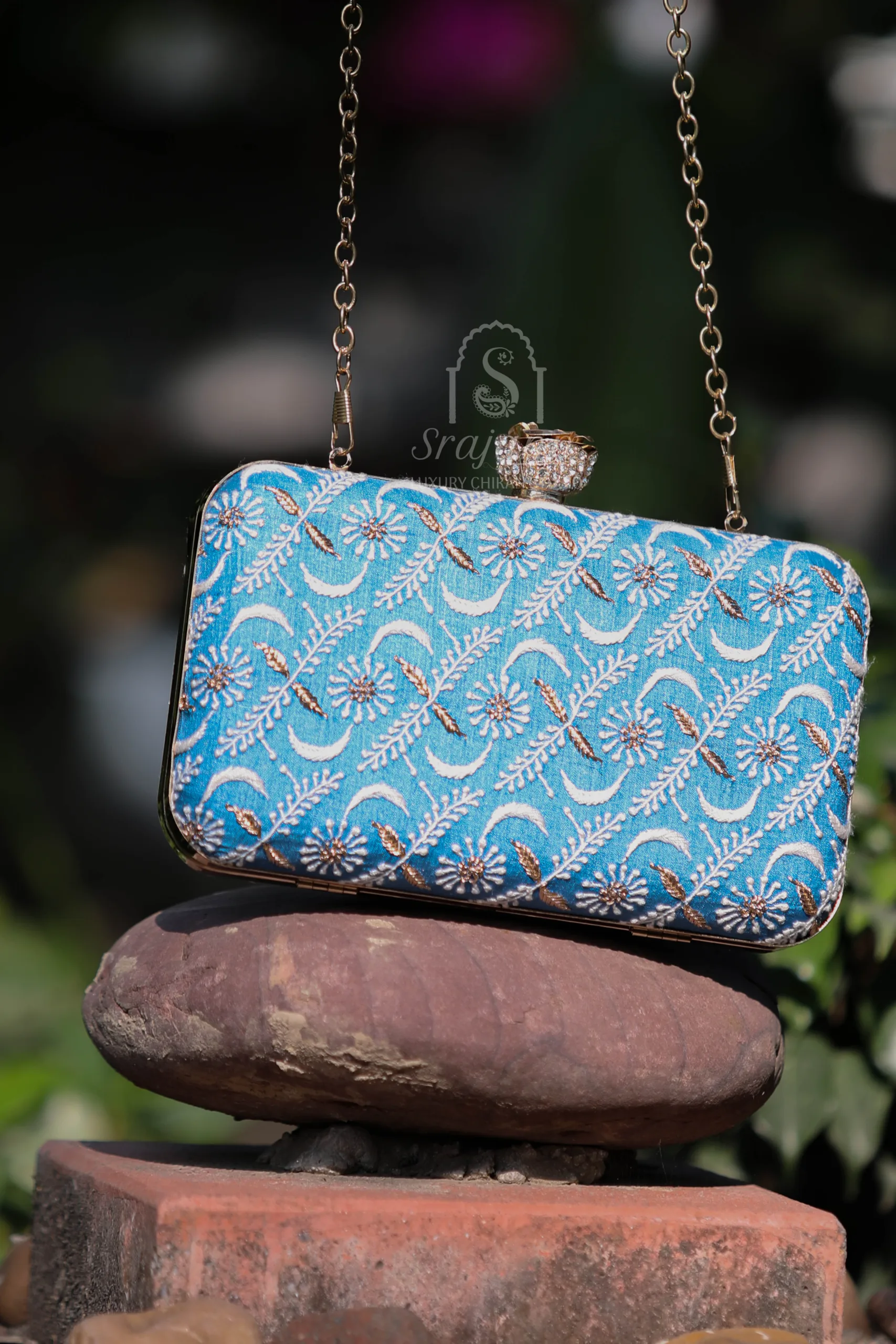 "Turquoise Blue Silk Lucknowi Chikankari Clutch with Zari Work"