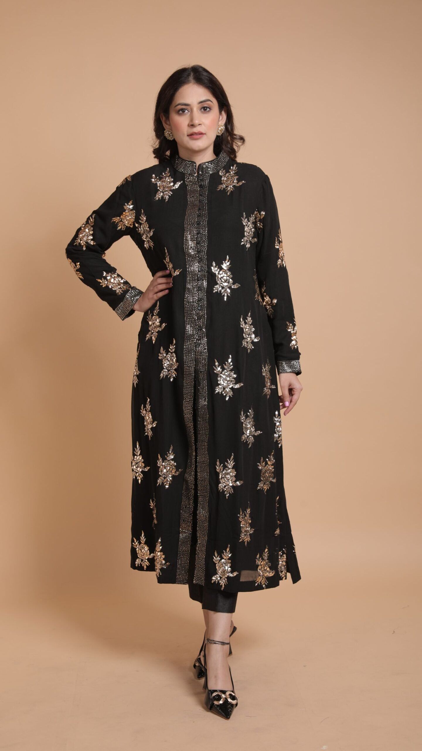 BLACK PURE & PREMIUM GEORGETTE MUKAISH STRAIGHT KURTA & PANT SET - Image 1
