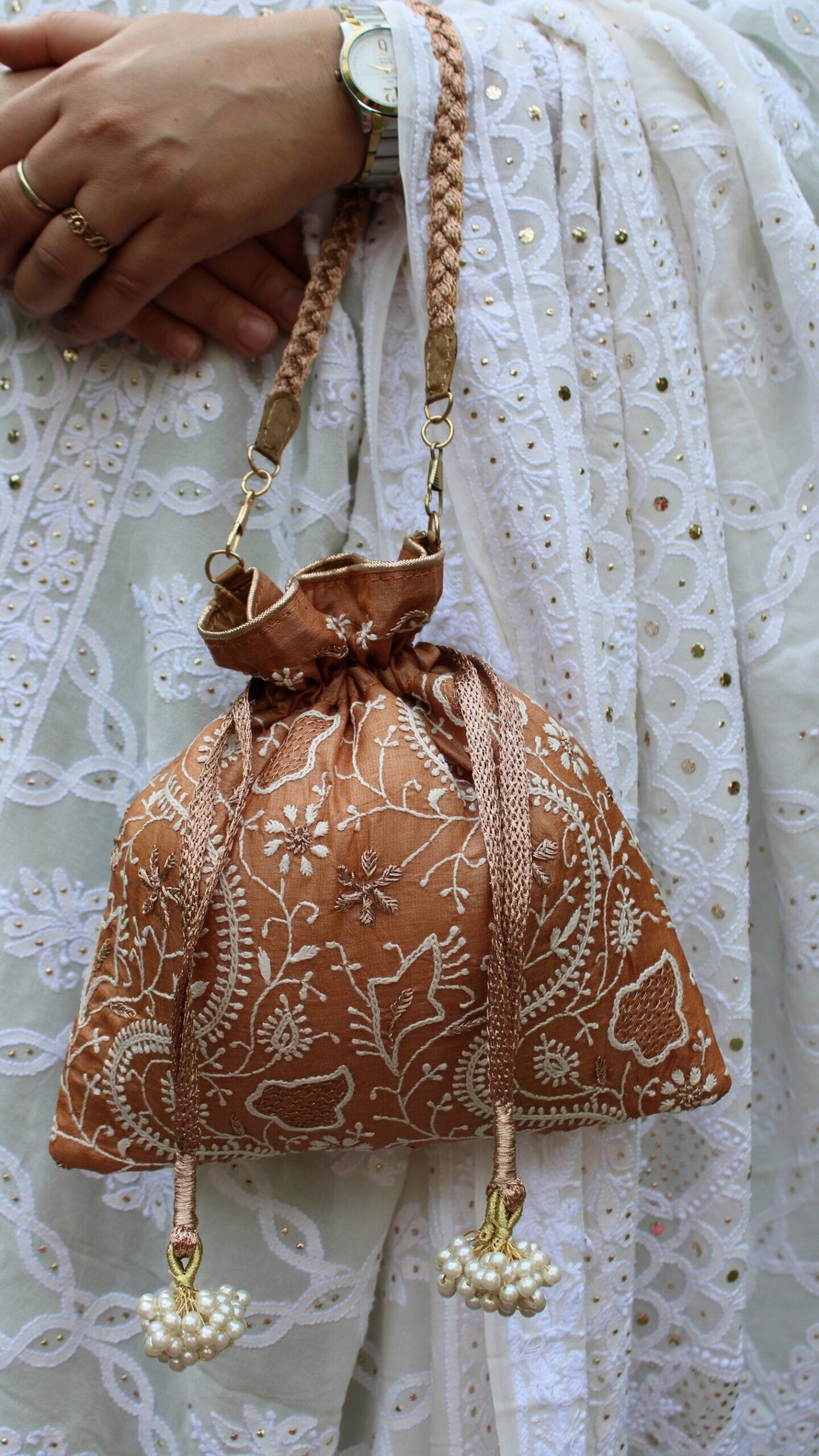 caramel brown chikankari potli