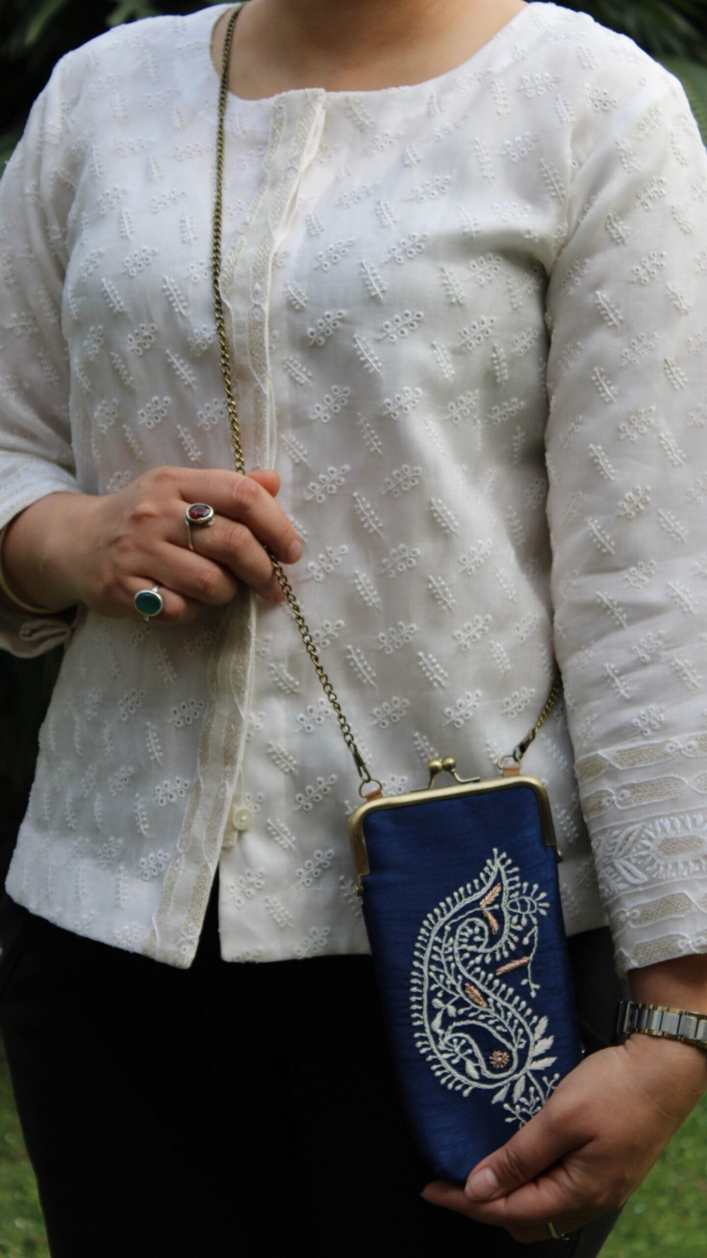 denim blue chikankari mobile pouch