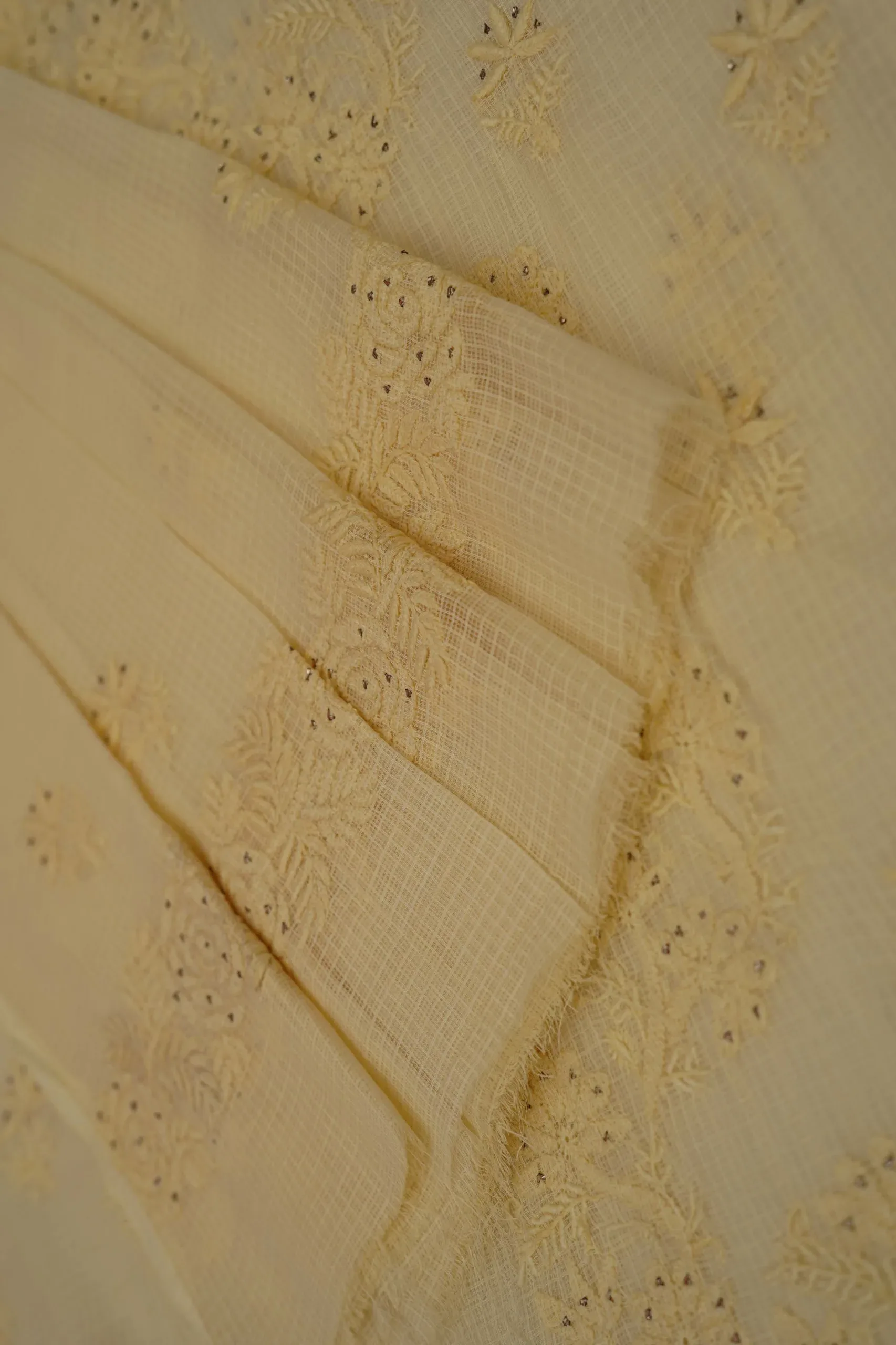 Srajann Hand Embroided Cream Kota Lucknowi Chikankari Unstitched Kurta Dupatta Set (SLC1445) - Image 1