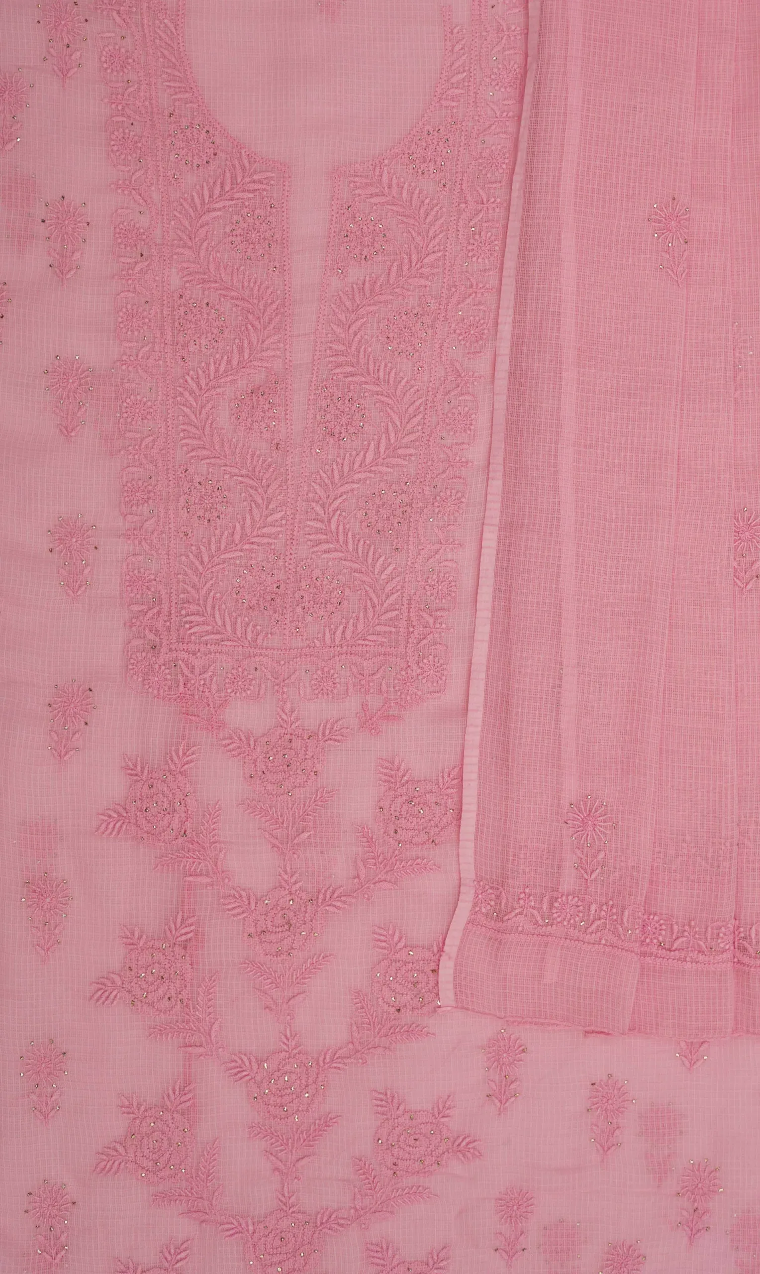 Srajann Hand Embroidered Pink Kota Lucknowi Chikankari Unstitched Kurta Dupatta Set | Indian Ethnic Wear