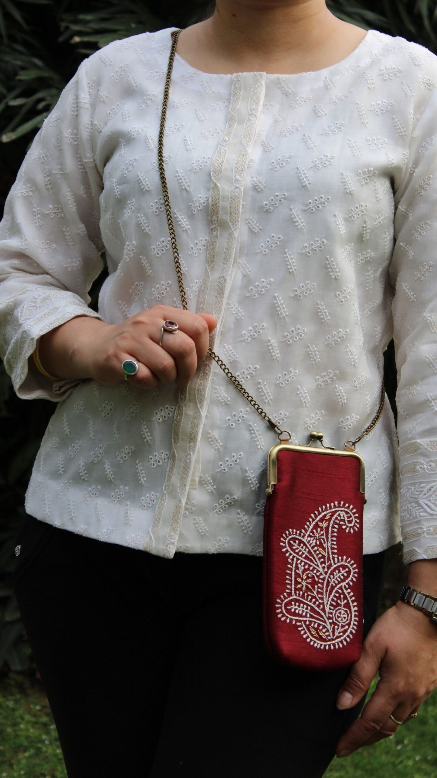 MAROON CHIKANKARI MOBILE POUCH - Image 1