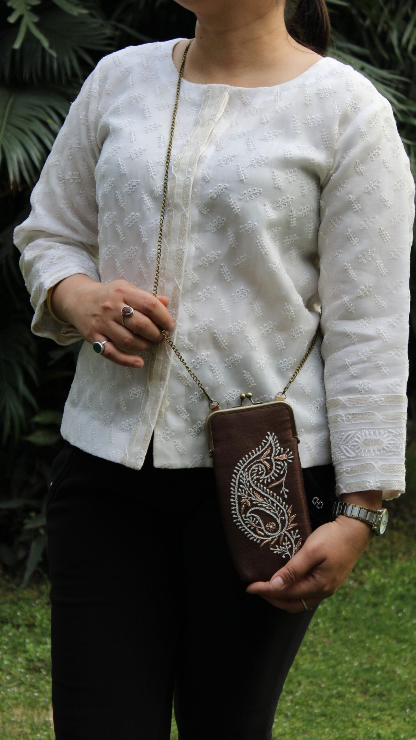 BRONZE CHIKANKARI MOBILE POUCH - Image 1
